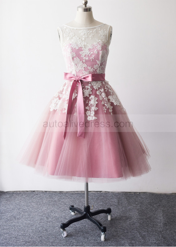 Ivory Lace Mauve Tulle V Back Knee Length Classic Bridesmaid Dress